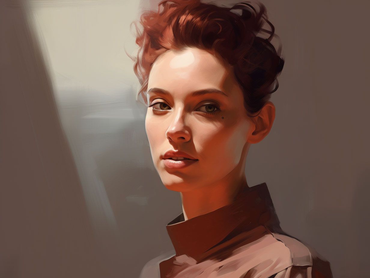 Portrait of a woman with red curly hair.